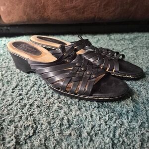 Softspots Black Wedge Sandals Leather Size 9M Slip On Mules